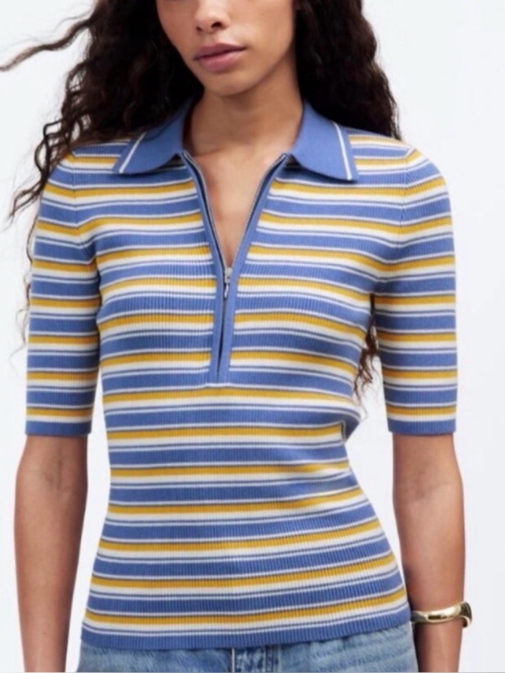 Madewell Blue Orange Striped Ribbed Zip Polo Top Size M